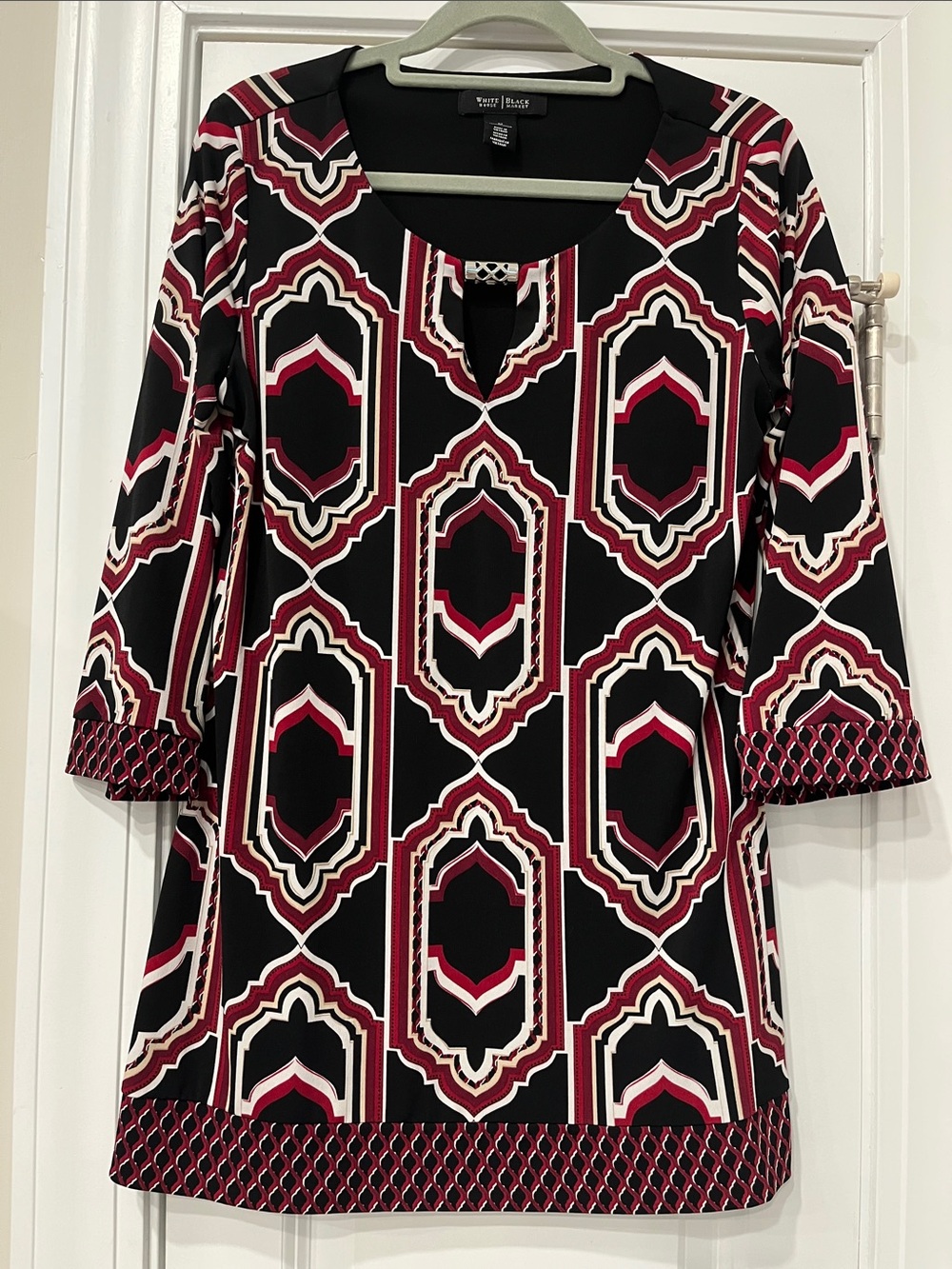 White House Black Market Black, Geometric Print Keyhole Tunic Mini Dress Sz Med.